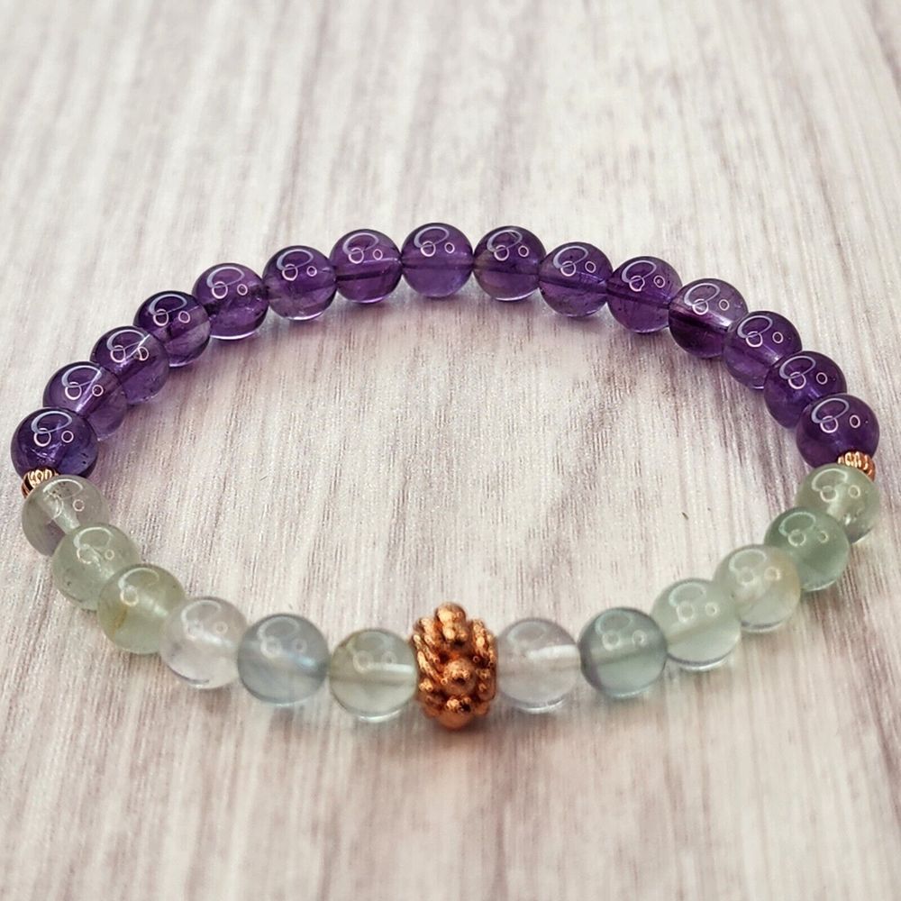 Crystal Bracelet Stretch Women's Amethyst Fluorite Copper 6mm 7in Gift Box